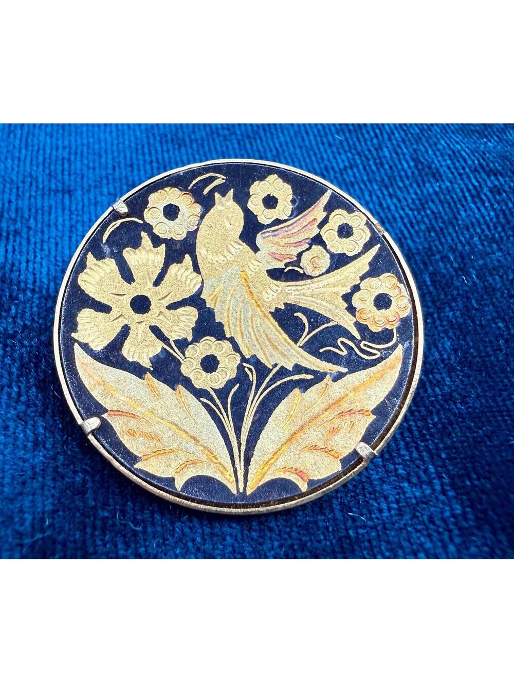 Vintage Damascene Bird Brooch, Mid Century Round Statement Piece